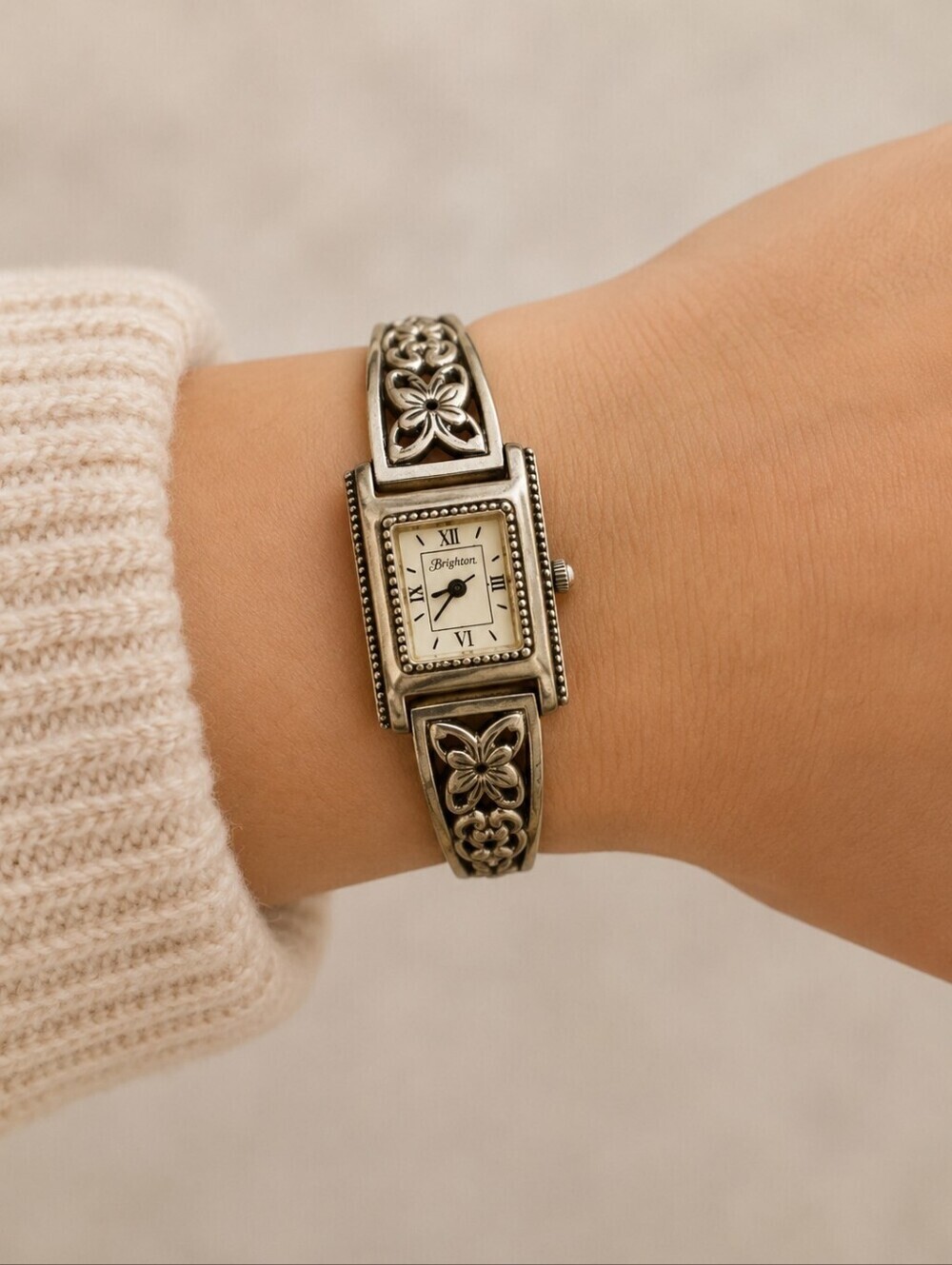 BRIGHTON Silver Plated Floral Rectangle Hamilton Watch
